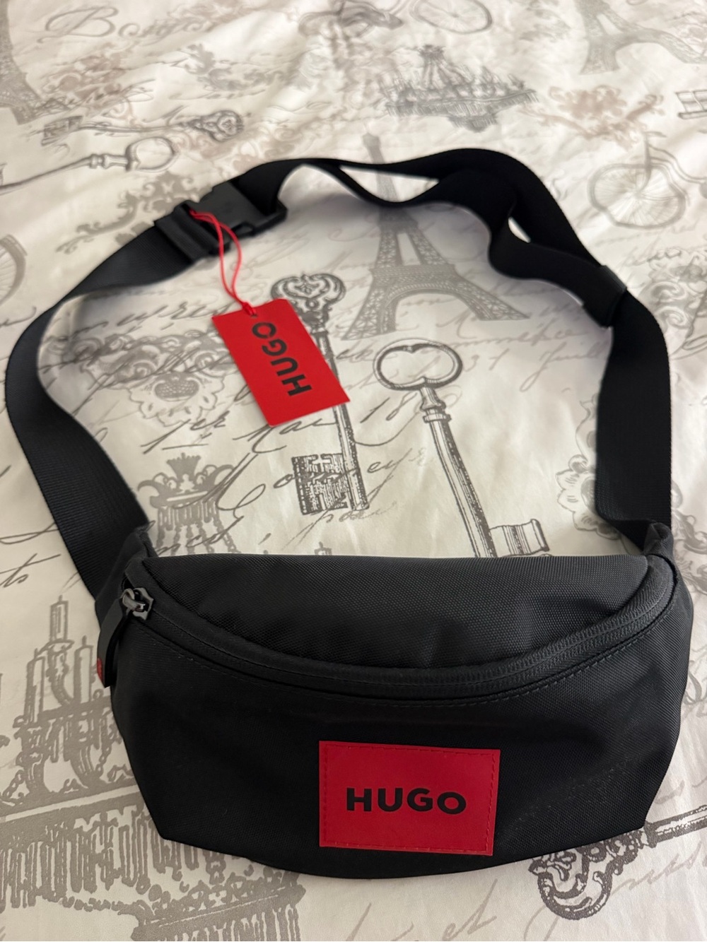 HUGO Black Belt Bag with Red Logo Patch